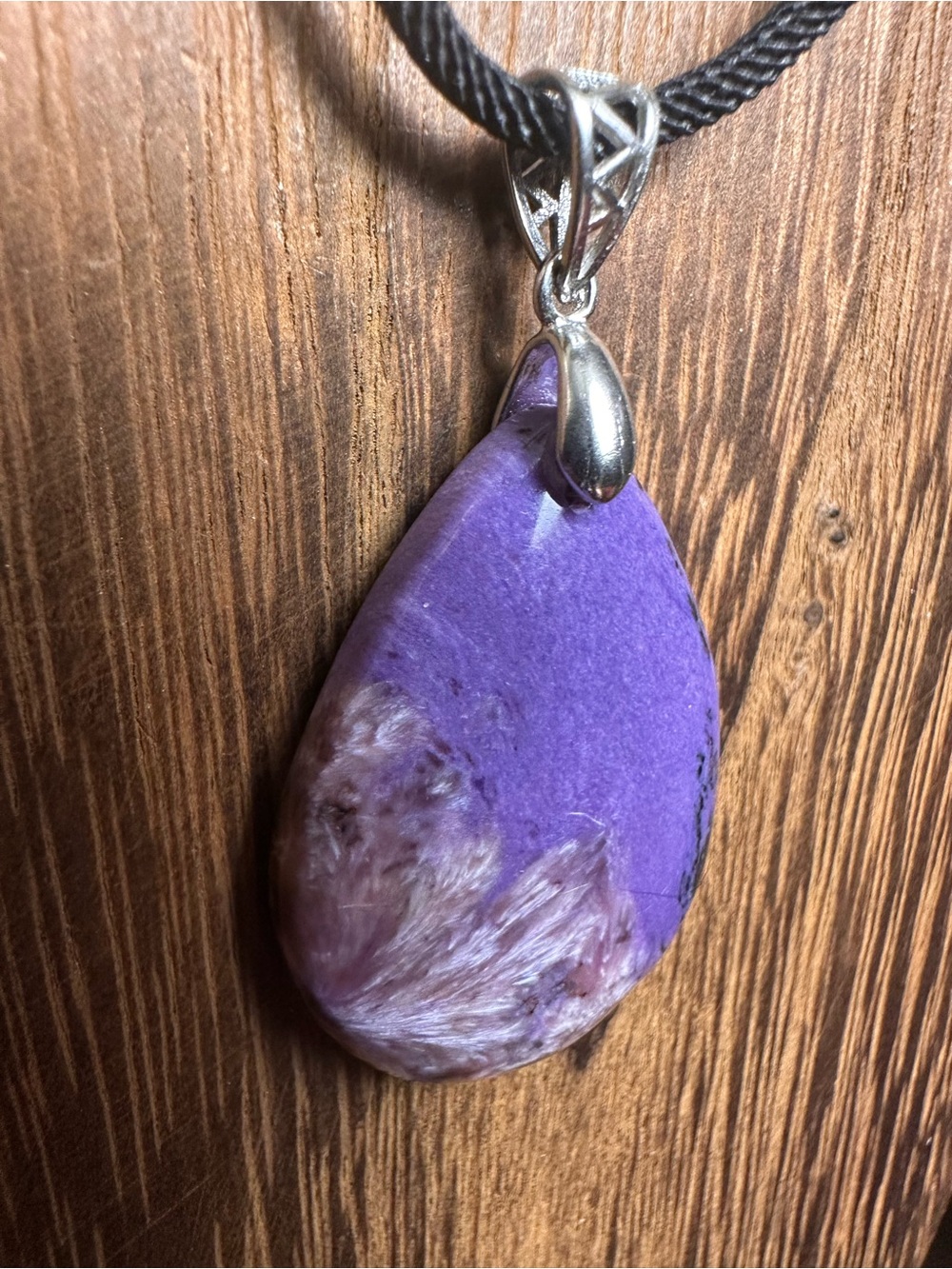 Charoite Teardrop Necklace on Sterling Silver Bail and Black Rope - Picture 4 of 14